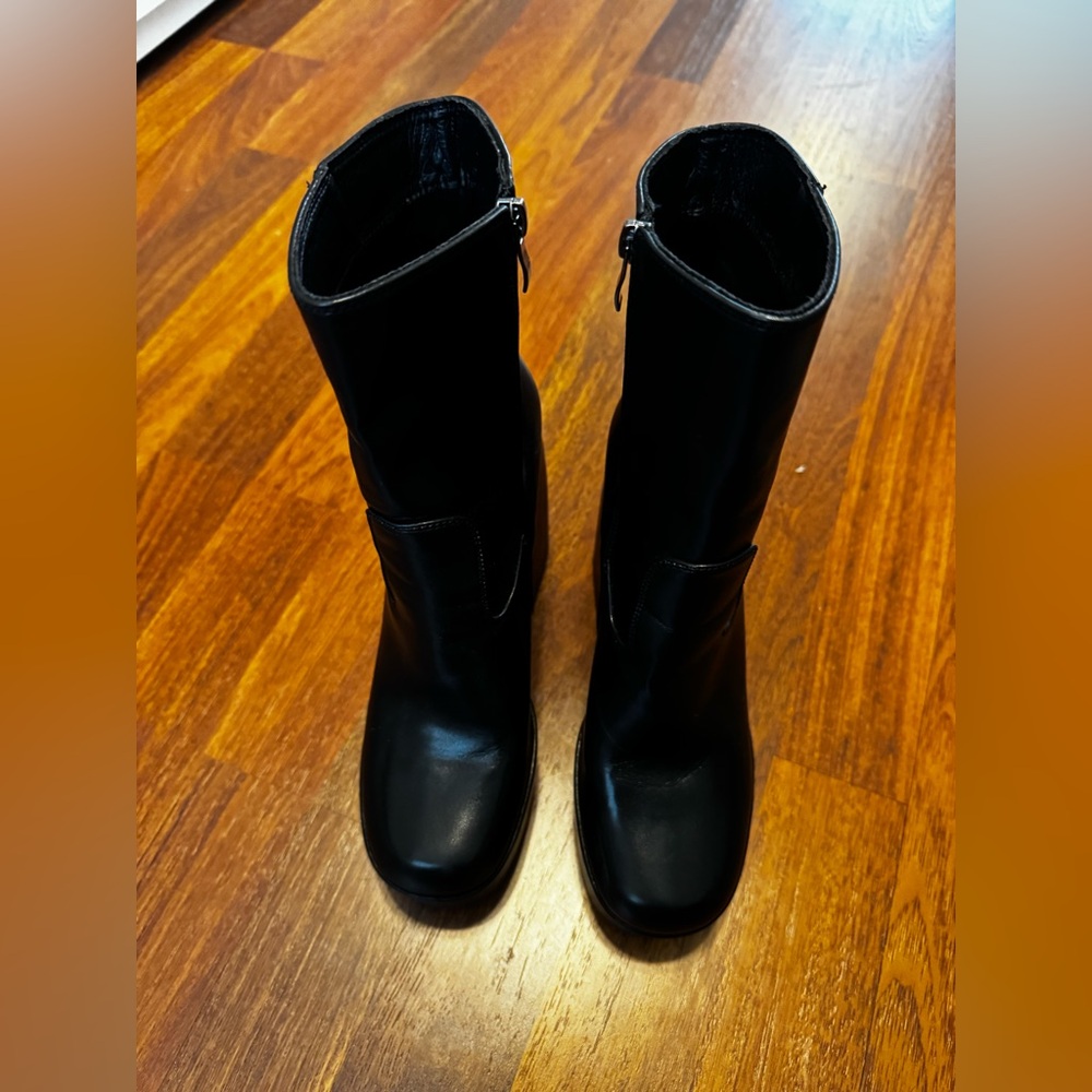 Black Leather Mid-Calf Platform Boots